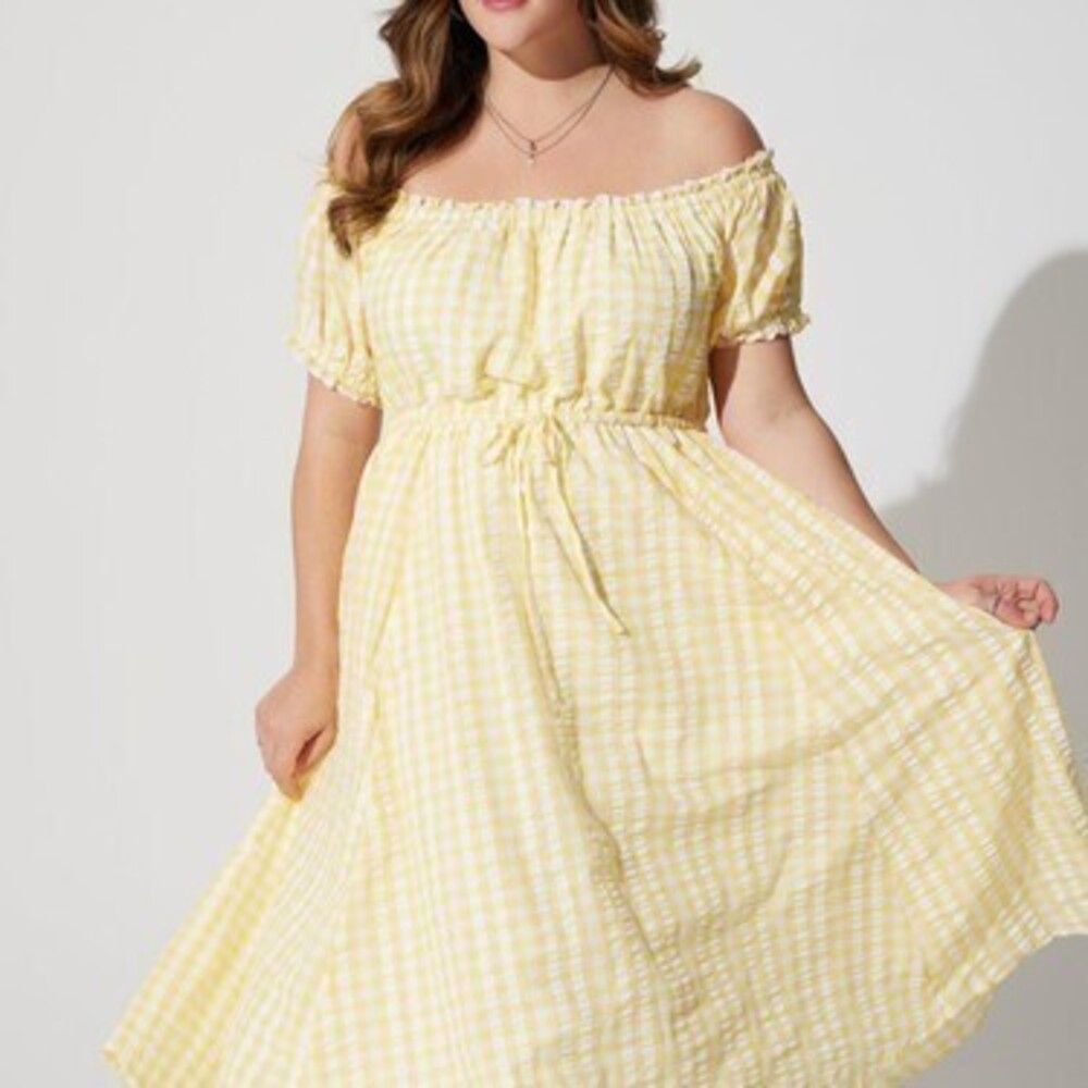 Midi Seer Sucker Off Shoulder Peasant Dress